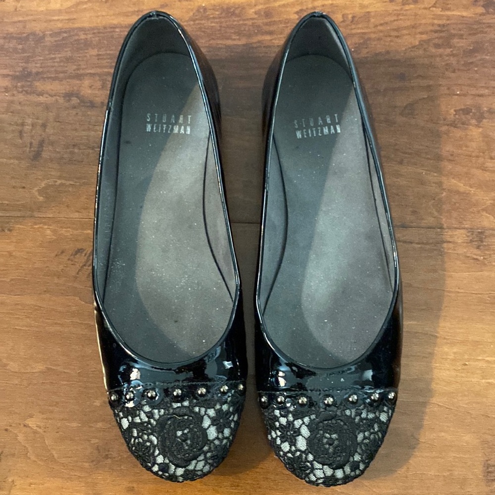 Stuart Weitzman Tofu Black Patent Lace Flats